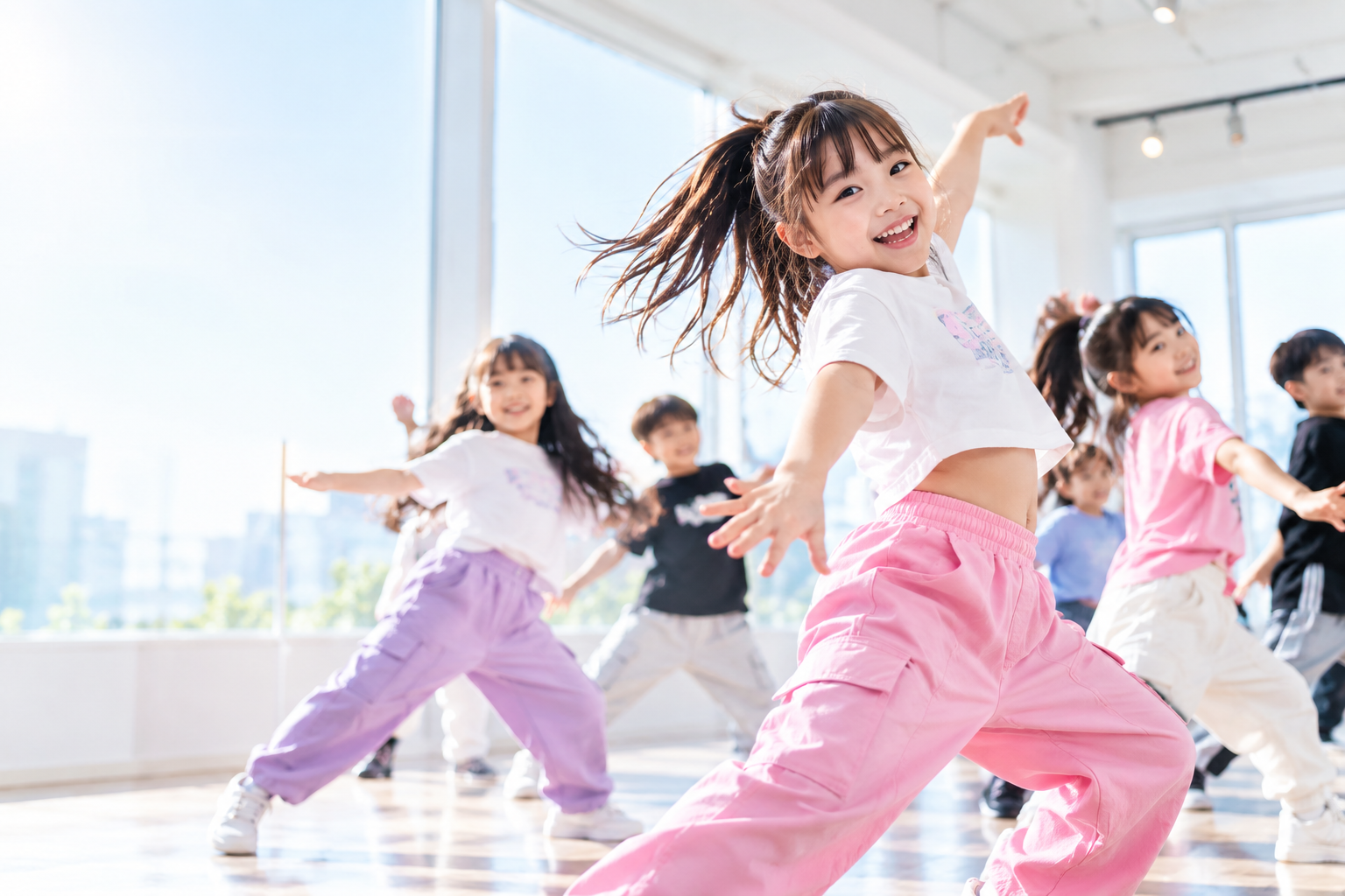 明るいスタジオで楽しく踊る子どもたち
